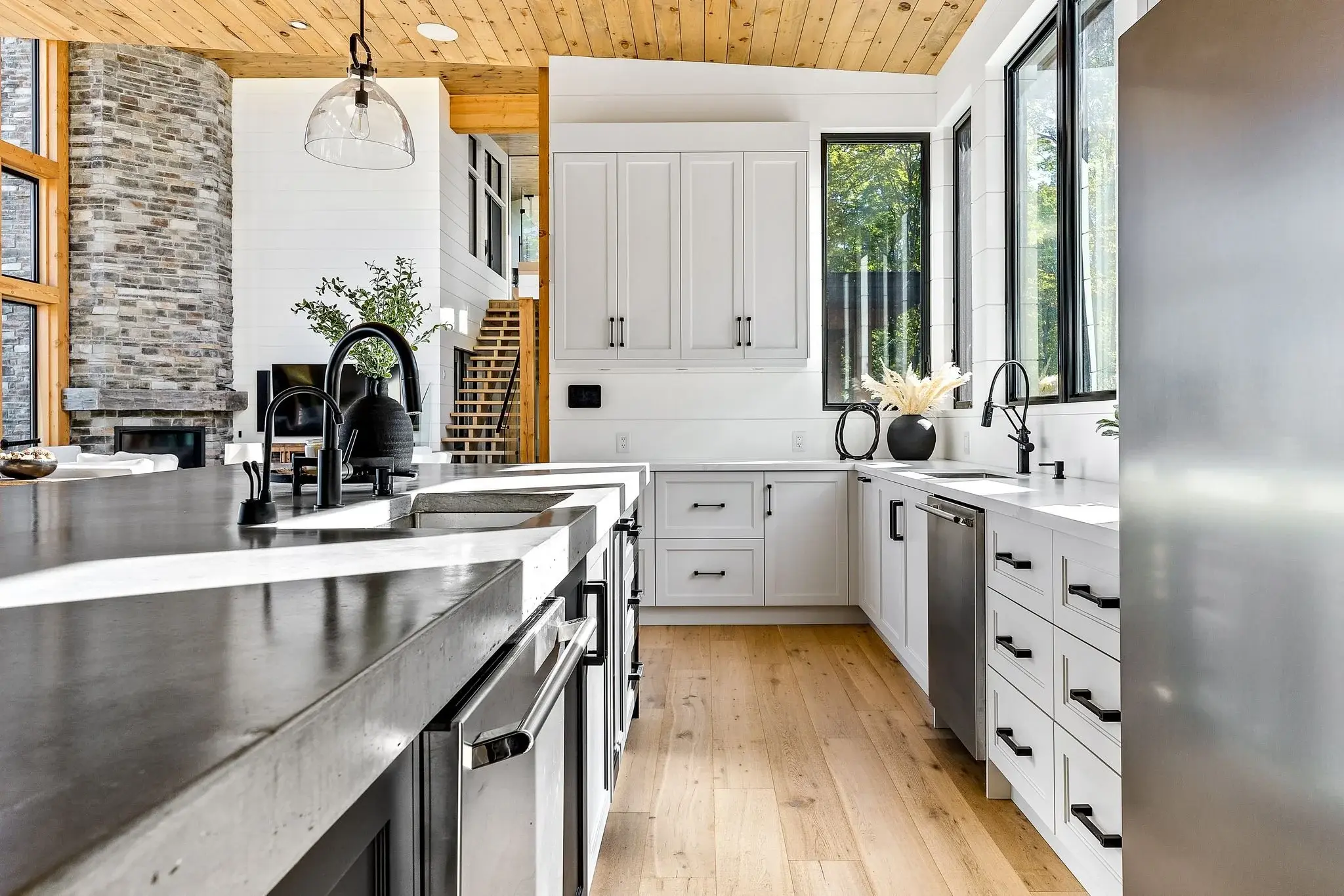 The View on Balsam: kitchen coffee station against the stone chimney wall