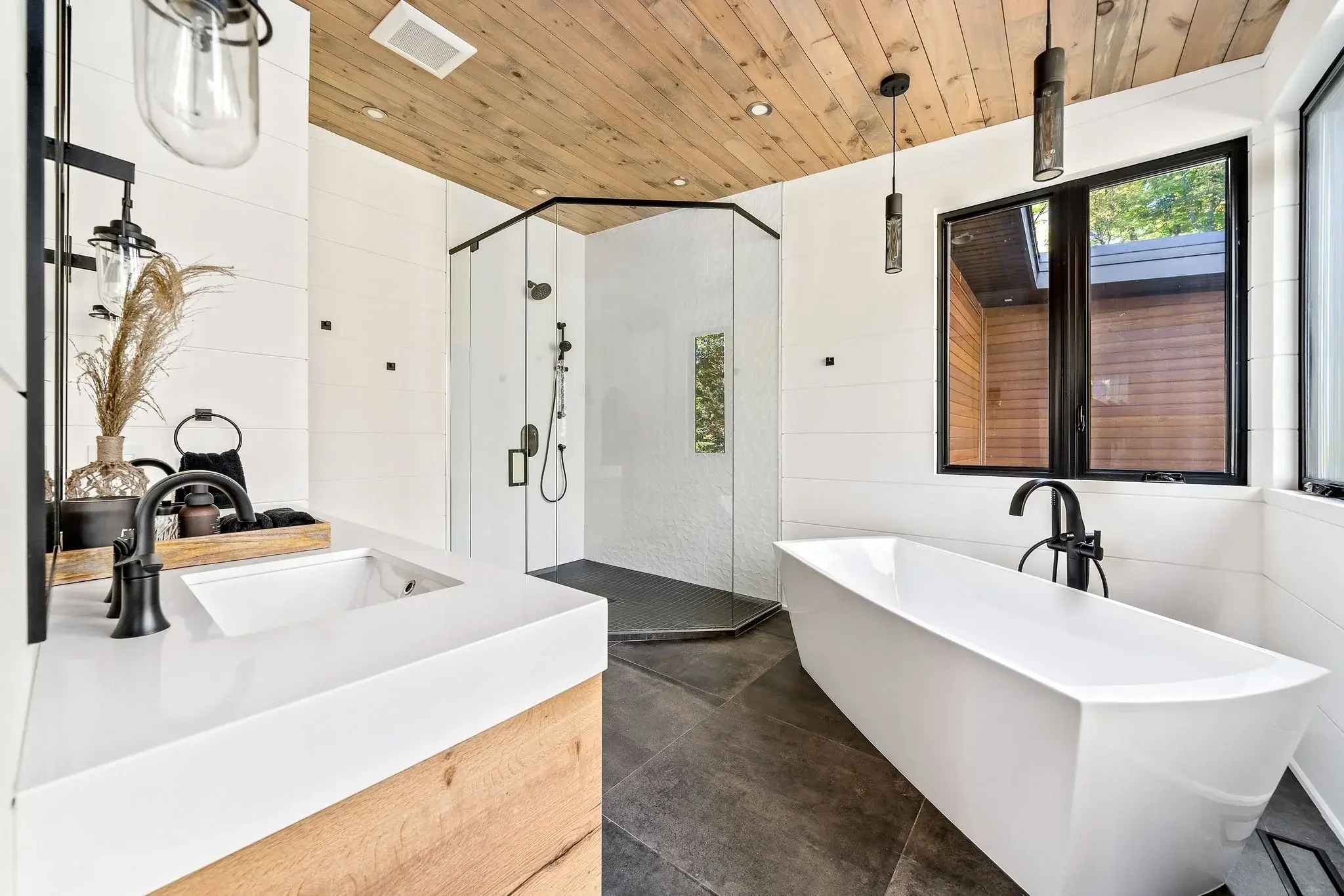 The View on Balsam: ensuite with freestanding tub, glass shower and double vanity